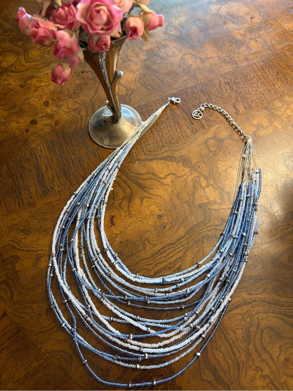 Multistrand Blue and Silver Seed Bead Necklace - Brand: